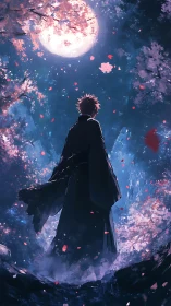 Moonlit wanderer pauses beneath drifting sakura storms