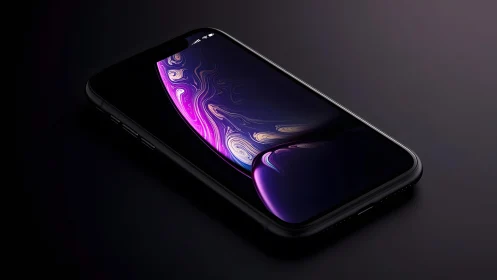 Sleek black smartphone with vibrant abstract screen in studio light.