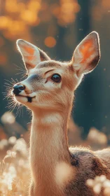 Young deer portrait in warm golden forest light.