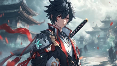 Samurai character portrait in stylized historical courtyard.