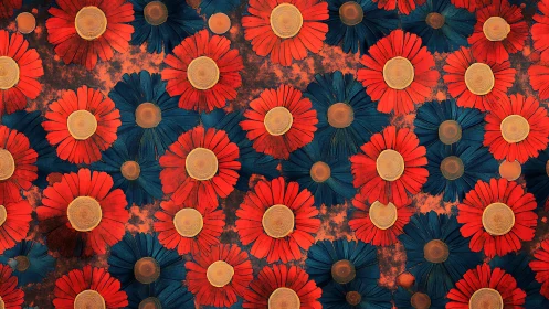 Geometric Arrangement Of Red And Blue Stylized Floral Forms