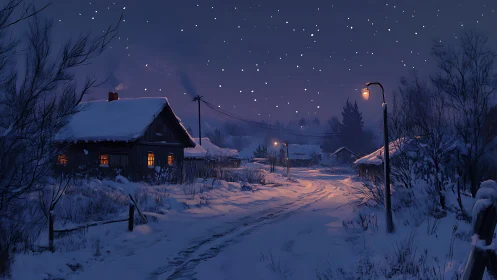 Snow-covered village road extends under a clear night sky