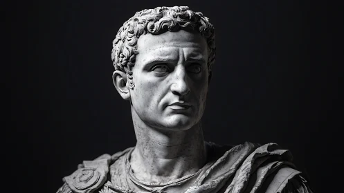 Marble bust of male Roman figure under directional light.