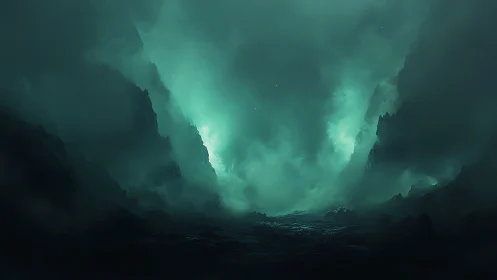 Emerald abyss canyon under swirling storm clouds.