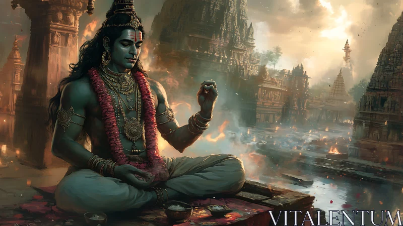 Meditative deity amid luminous temple riverscape at dusk.