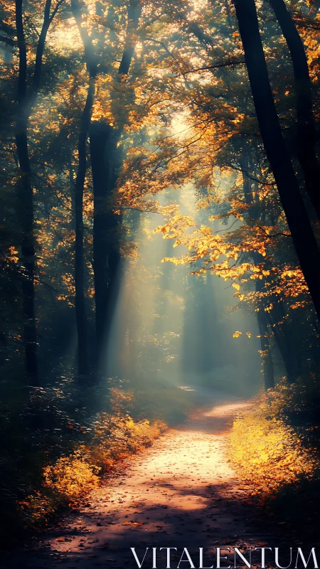 Sunlit Path Through Golden Autumn Forest