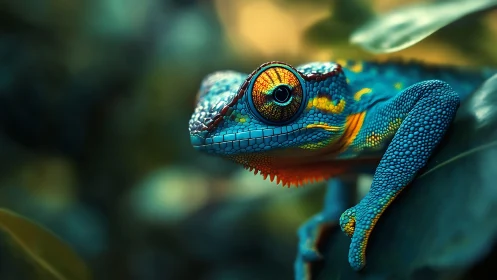 Macro study of hyper-detailed blue chameleon with bokeh foliage background