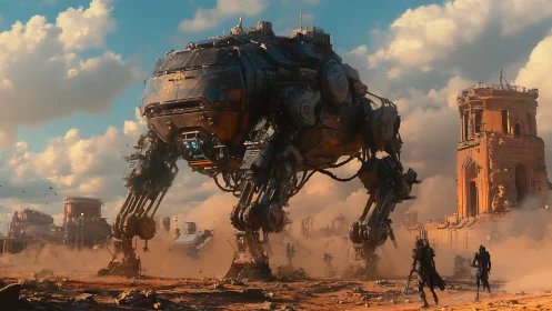 Cyberpunk quadruped mech in post-ruin battlefield environment.