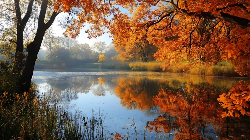 Golden autumn trees reflect across calm woodland lake