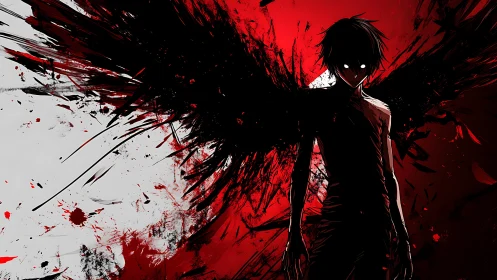 Dark winged figure in red and black abstract chaos.