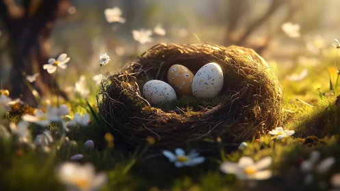 Bird nest with patterned eggs in soft forest ground light.