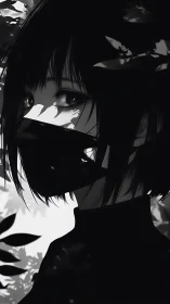 Masked monochrome heroine framed by dappled foliage light.