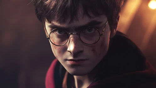 Determined young wizard stares ahead with quiet courage