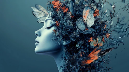 Butterfly thoughts drift from a porcelain dreamer’s profile