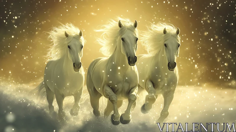 White horses running through illuminated snowfield at dusk.