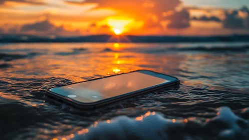 Smartphone lying in shallow seawater at vivid sunset.