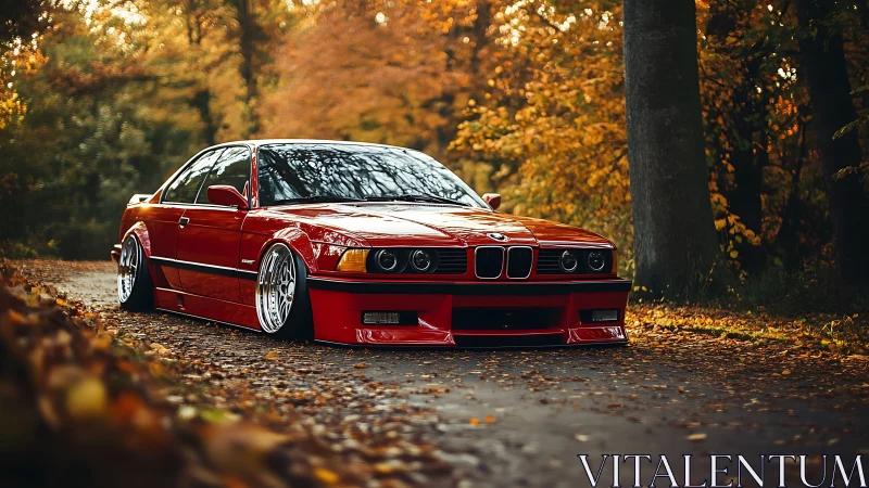 Red modified coupe parked on forest road in autumn light.