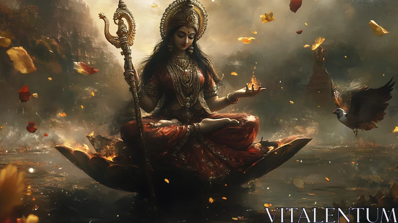 Lotus throne fire goddess in swirling autumn dusk storm.