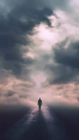 Quiet wanderer walks toward soft light through heavy clouds