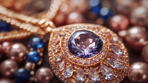 Macro study of faceted amethyst pendant in ornate rose-gold mount