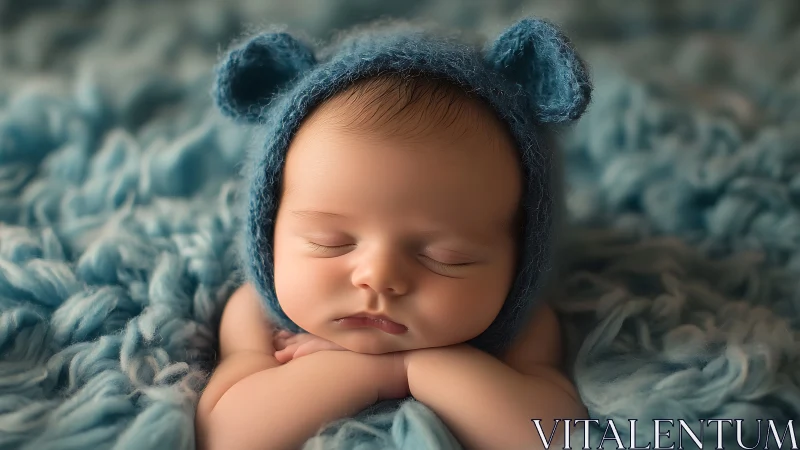 Sleeping Newborn in Bear-Eared Bonnet with Soft Textile Styling