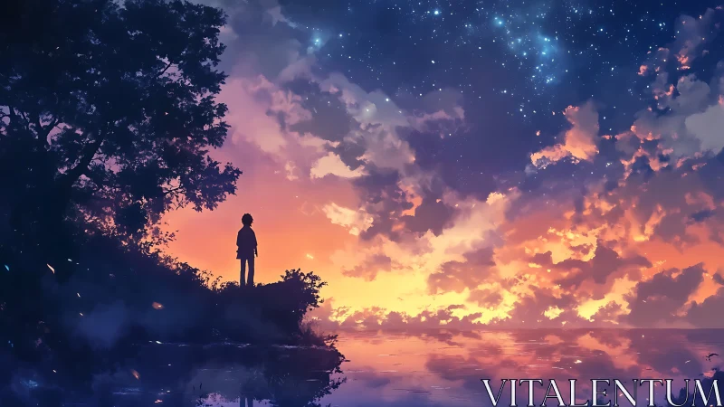 Silhouetted dreamer watches a blazing starlit sunset sky.