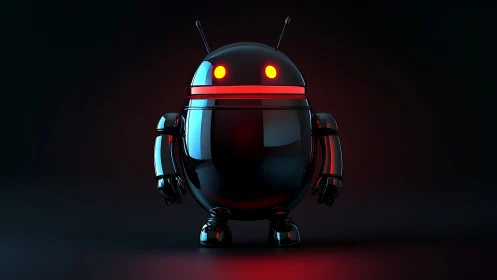 Glossy black android robot with red glowing facial lights.