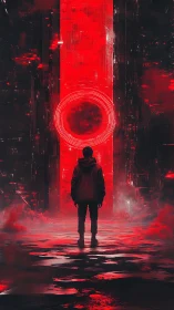 Solitary figure before luminous red cyber portal at night