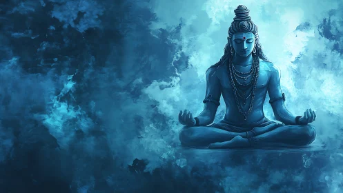 Blue meditative deity seated in tranquil cosmic void