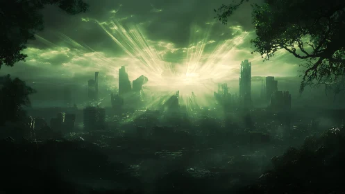 Ruined green cityscape under intense central light burst.