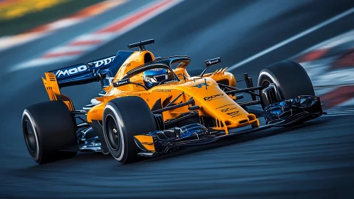 Aerodynamic orange Formula car cornering with dynamic motion blur