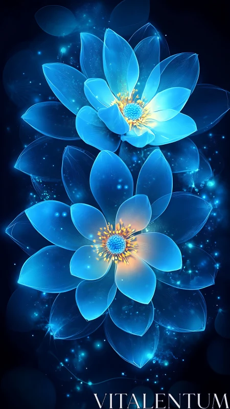 Luminous bioluminescent blue lotus blooms on dark cosmos.