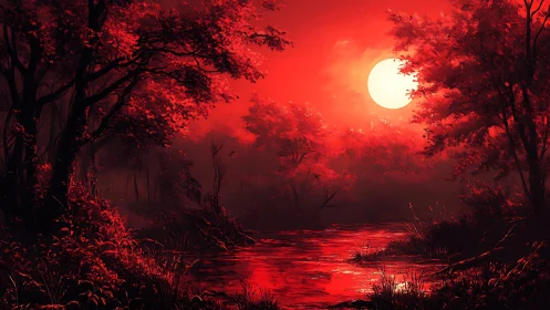 Red forest river landscape under large full sun at dusk.