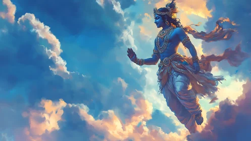 Blue-skinned mythic figure in ornate dress amid clouds.