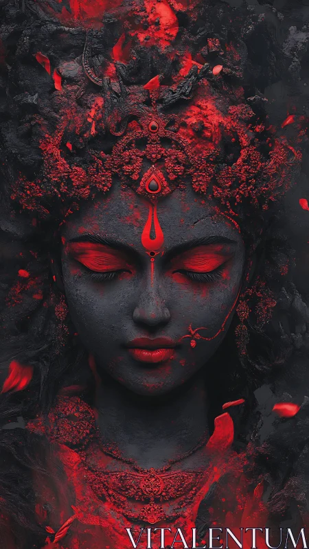 Goddess portrait burns with molten red cosmic energy.