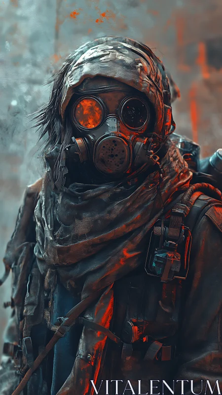 Post apocalyptic survivor in gas mask and tattered gear.