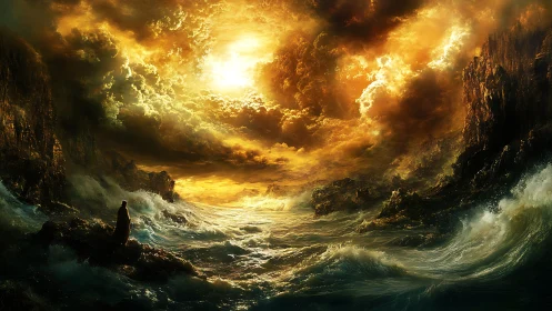 One lone figure greets a stormy sea under blazing skies
