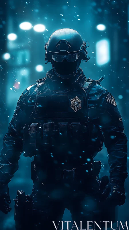 Heavily armored tactical officer in snowy neon-lit city street