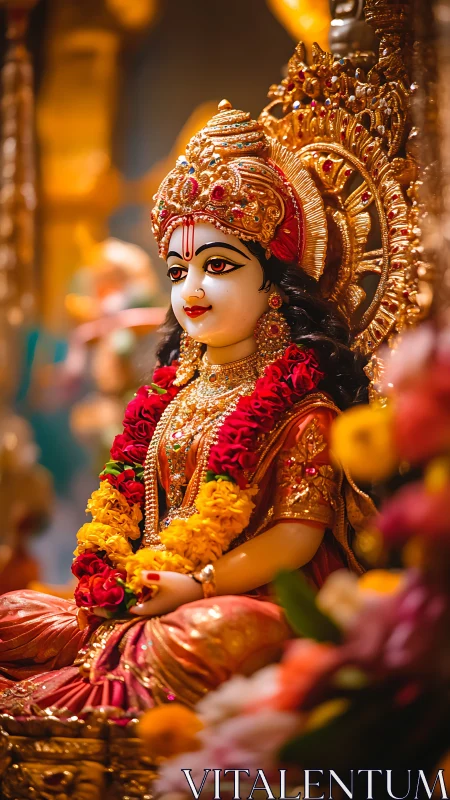 Ornate Hindu deity statue with garlands and gold adornment.