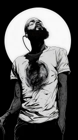 Bearded singer illuminated by bold monochrome moon halo.