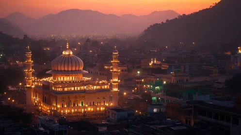 Illuminated domed mosque glows over misty valley town