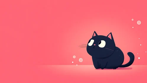 Cartoonish Black Cat with Minimalist Features Against Coral Gradient.
