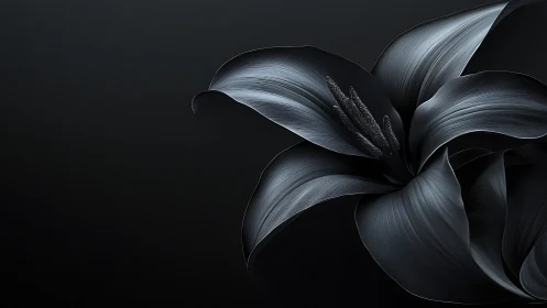 Monochrome metallic lily on dark gradient background.