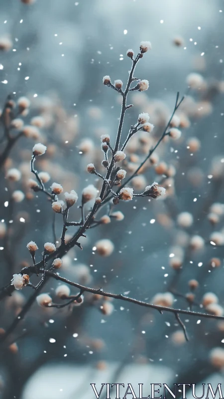 Snow covered seed pods on slender winter branches outdoors.