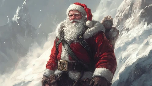 Santa warrior strides through stormy alpine snowscape.