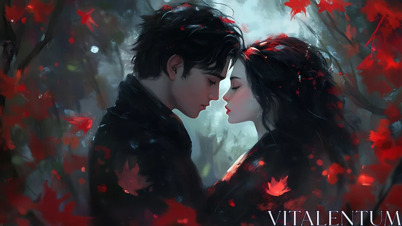 Two Souls Embrace in Crimson Light and Ethereal Mist