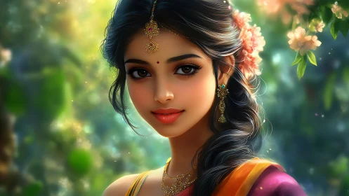 Elegant Indian Woman in Traditional Attire, Digital Art Portrait.
