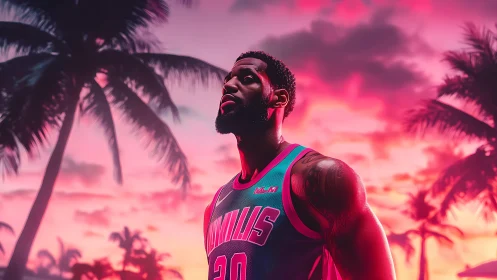 Sunset-lit basketball star stands proud under tropical palms