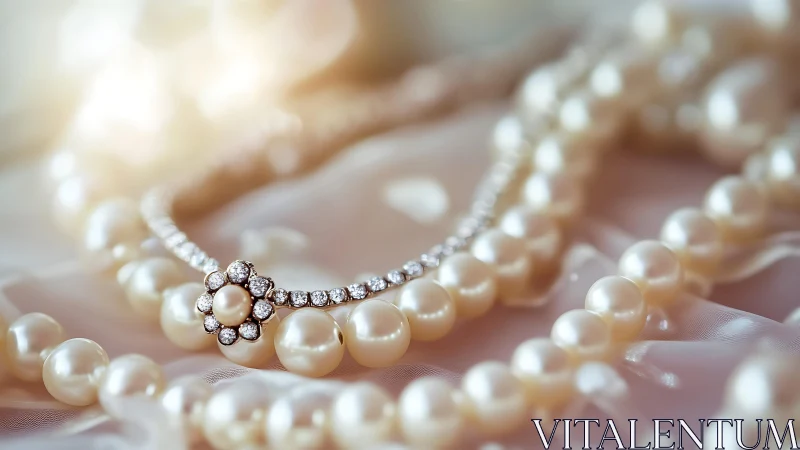 High-key macro study of pearl strands and diamond floral clasp