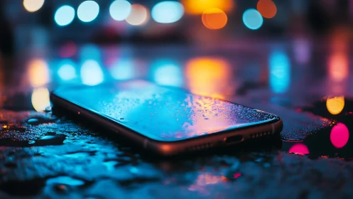 Neon rain drapes a forgotten smartphone in electric twilight.